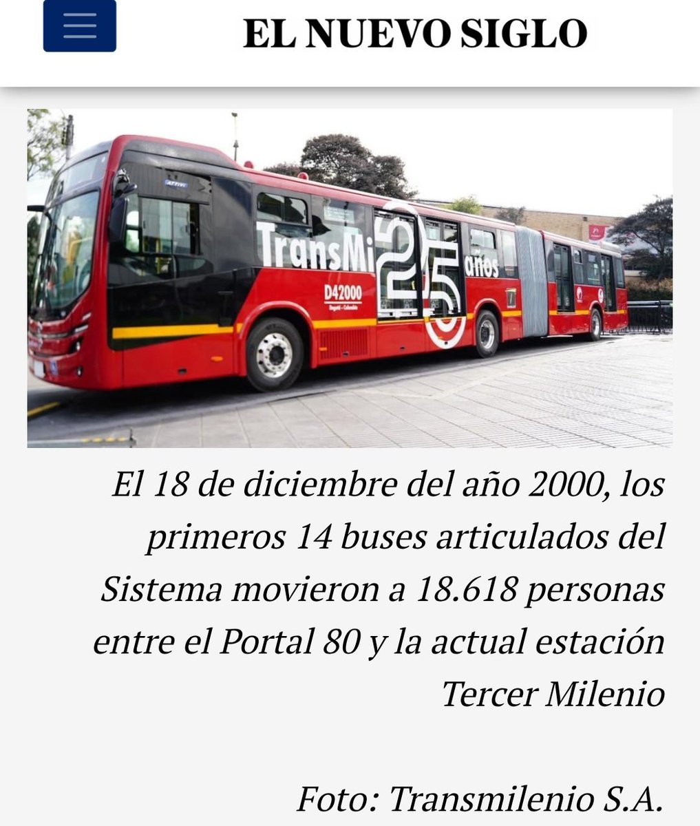 En los 25 años de <a href="/TransMilenio/">TransMilenio</a> se destacan la transformación lograda, aunque la expansión y complemento no fue la esperada 
BRT seguirá siendo importante en un sistema multimodal integrado
🚌🚌🚠🚈
<a href="/ElNuevoSiglo/">EL NUEVO SIGLO</a> <a href="/josestalinrojas/">José Stalin Rojas A.</a>  <a href="/Germanpri/">Germán Prieto</a> Fernando Rey 
elnuevosiglo.com.co/nacion/transmi…