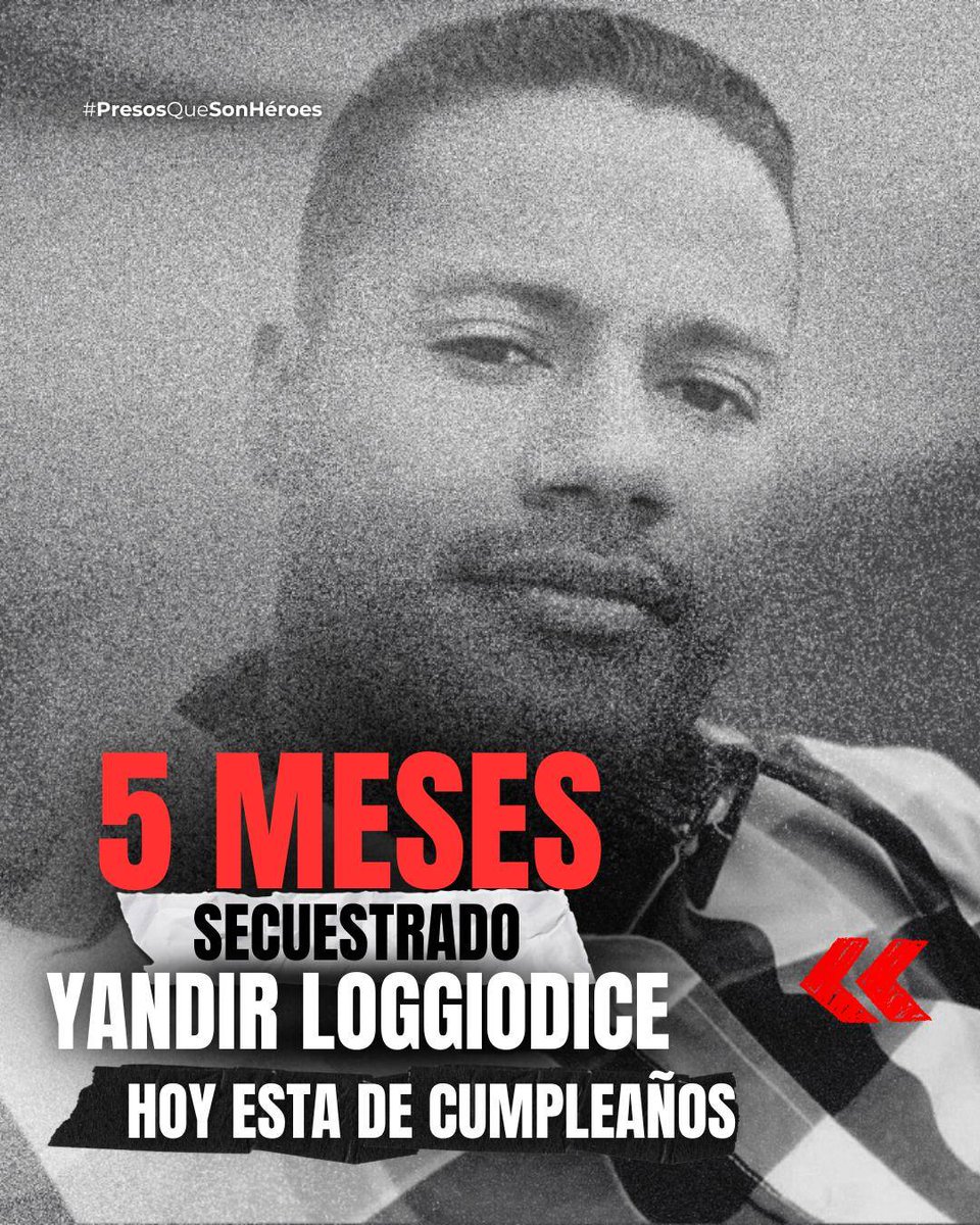 VenteDDHH's tweet photo. ❤️‍🩹 ¡UN CUMPLEAÑOS EN PRISIÓN!

Hoy está de cumpleaños Yandir Loggiodice, dirigente secuestrado por el régimen desde hace más de 5 meses. 

No hay abrazos ni celebración, hay ausencia, dolor e indignación.

Pero nos mantenemos de pie, firmes y convencidos de que la libertad está cerca y todos podrán disfrutar nuevamente unidos en familia.