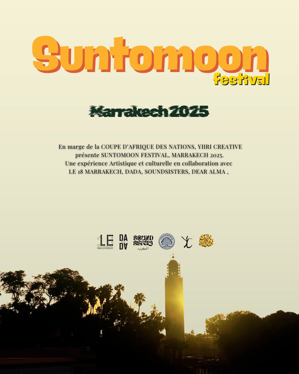 Créé à Bamako en 2021, le Suntomoon Festival s’installe à Marrakech pendant la CAN pour célébrer la création africaine contemporaine à travers l’art, la musique et la gastronomie.

📍 DADA Marrakech
🗓 Du 22 décembre au 17 janvier