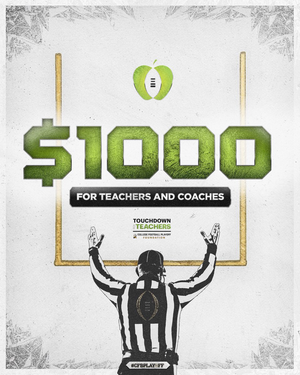 CFBPlayoff's tweet photo. Each touchdown throughout the College Football Playoff means a $1,000 donation to teachers and coaches across the country!
#CFBPlayoff #CFPExtraYard #TouchdownForTeachers https://t.co/zlXYWy4m8v