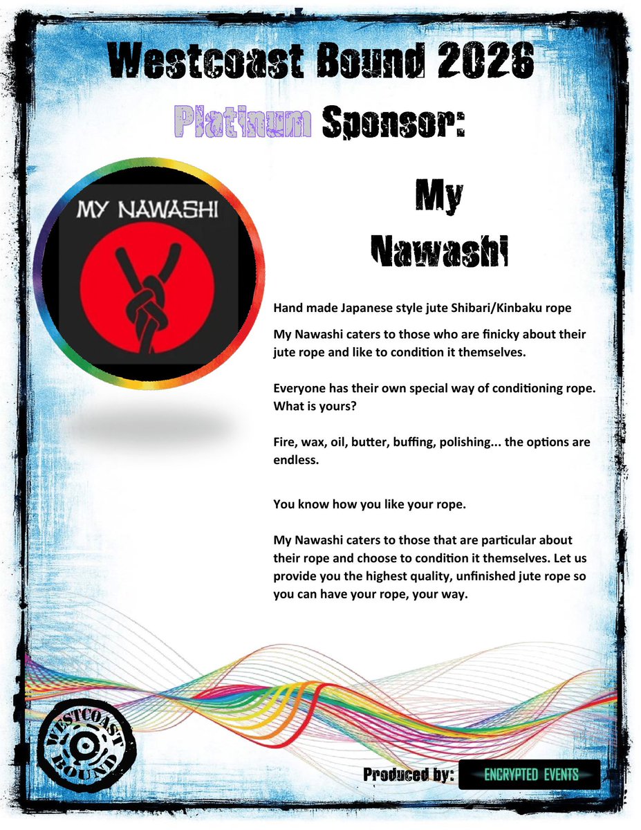 Conference Platinum Sponsor My Nawashi is your premium supplier of hand-made Japanese style jute Shibari/Kinbaku rope.  Take a look at them here:  etsy.com/ca/shop/MyNawa…    #wcbound #encryptedevents