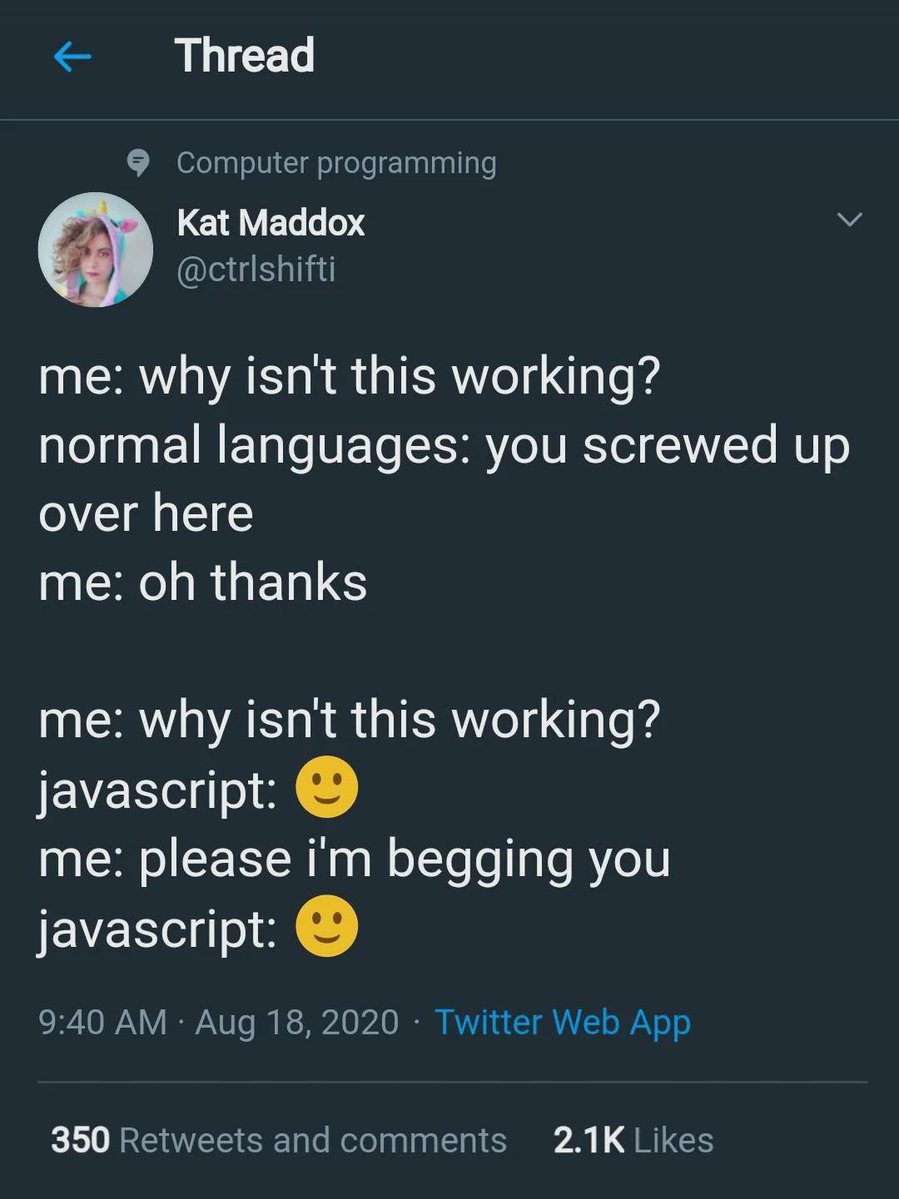 DevLeaderCa's tweet image. The scariest part is you can switch the question to why does this work? 🙃

#Coding #JavaScript #Programming