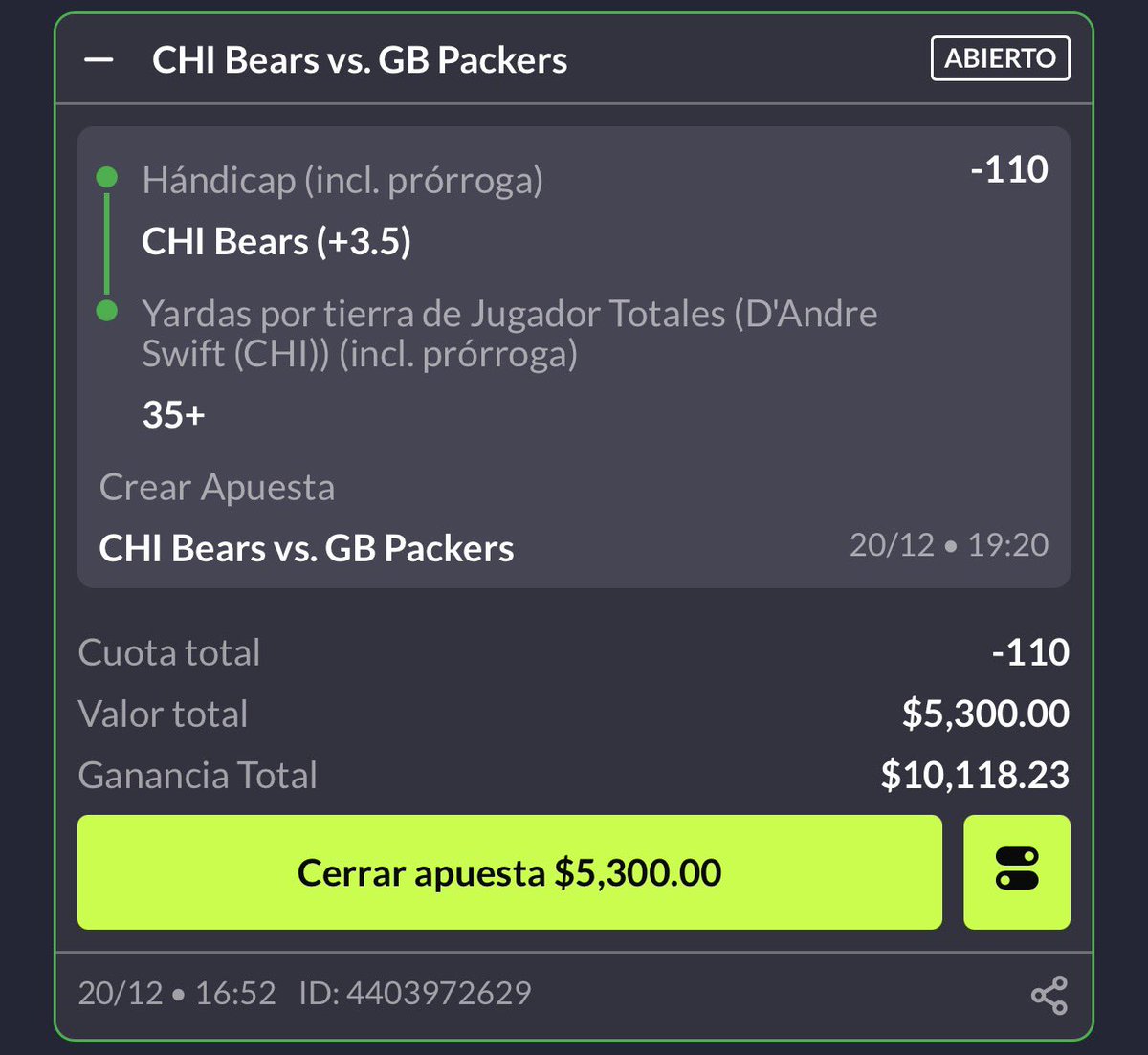 Manu_Cepeda1's tweet photo. Jugada NFL (9-1) 🎄🏈

Bears +3.5 + over 34.5 yardas R Swift -110 🫵

Deja tu reacción si confías ❤️

#GoPackGo  vs #DaBears https://t.co/tqY0oEewX6