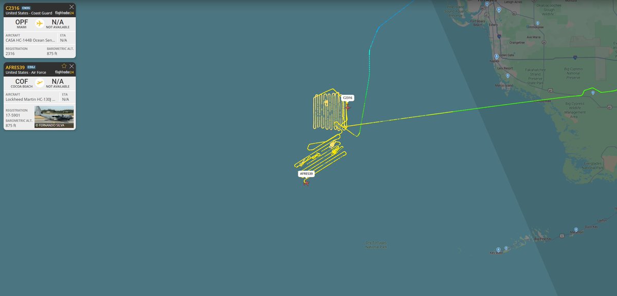 USCG Ocean Sentry and USAF RSQ HC-130 aircraft working the SAR scene off  the west coast of Florida this evening as the search for missing fisherman Randall  Spivey and Brandon Billmaier continue.