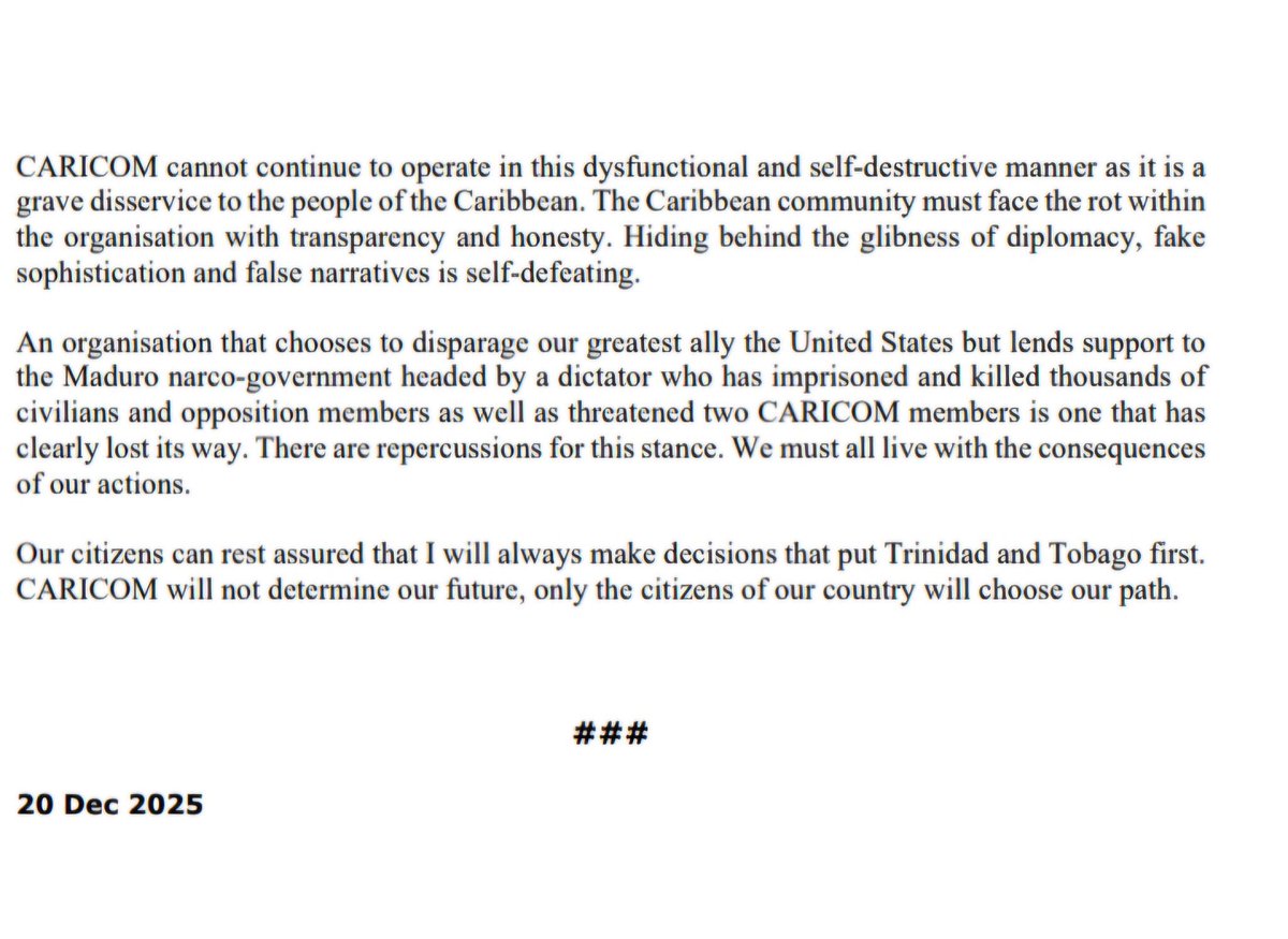 #NEW: The following is a statement by Kamla Persad-Bissessar, Prime Minister of Trinidad &amp; Tobago on recent US proclamation of partial visa restrictions