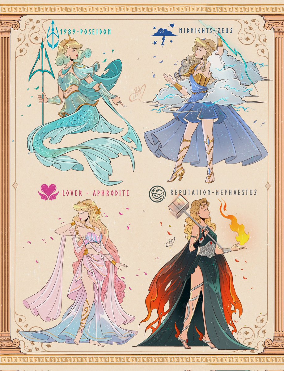 alefvernon's tweet image. Olympian Eras (Part 2/3) 🩵🖤🩷💙
I will illustrate the 12 Eras as the 12 Olympians! ♡ Now 1989 as Poseidon 🩵 / Lover as Aphrodite🩷 / Rep as Hephaestus 🖤 / Midnights as Zeus 💙 Which one is your favorite?
