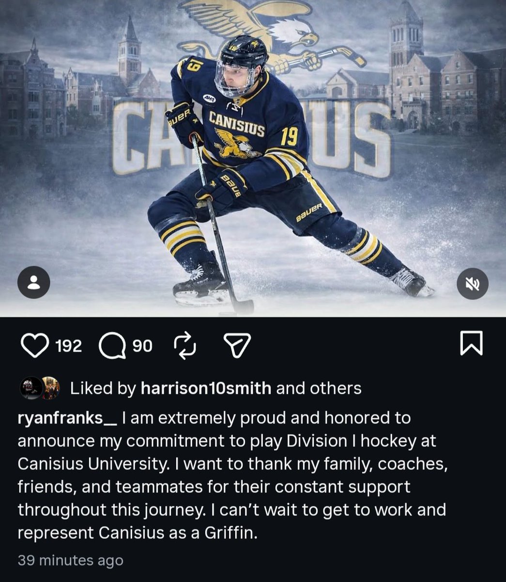 Black Bears forward Ryan Franks just announced his commitment to <a href="/GriffsHockey/">Canisius Hockey</a>. Franks has 13 goals and 22 points in 17 with Maryland. Congrats Ryan!!