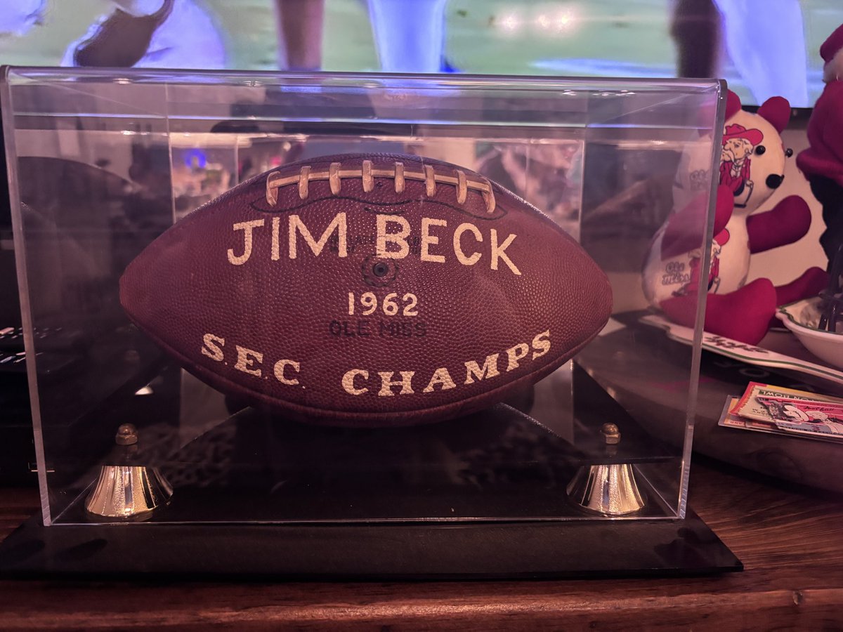 MidTNAng's tweet photo. Bringing out some artifacts to enjoy the @OleMissFB game! 1962 Ball signed by the team for my mom's dad (she was married to OM player Chuck Morris) and some 1962 and 1963 Bowl game tickets ❤️💙 #hottytoddy #OleMissRebels #olemissfootball https://t.co/nN33ckct6F