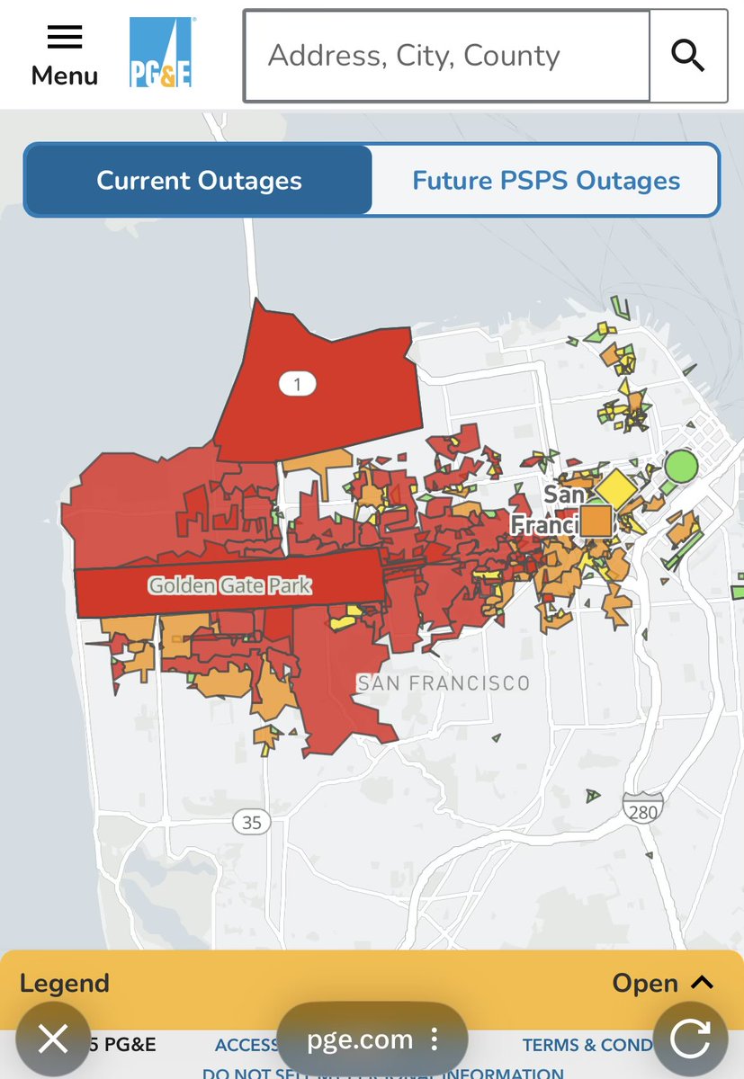 alsargent's tweet photo. San Francisco power outage area is growing. Latest status from @PGE4Me is at https://t.co/llmgBawbbN https://t.co/yn01Skhnrm