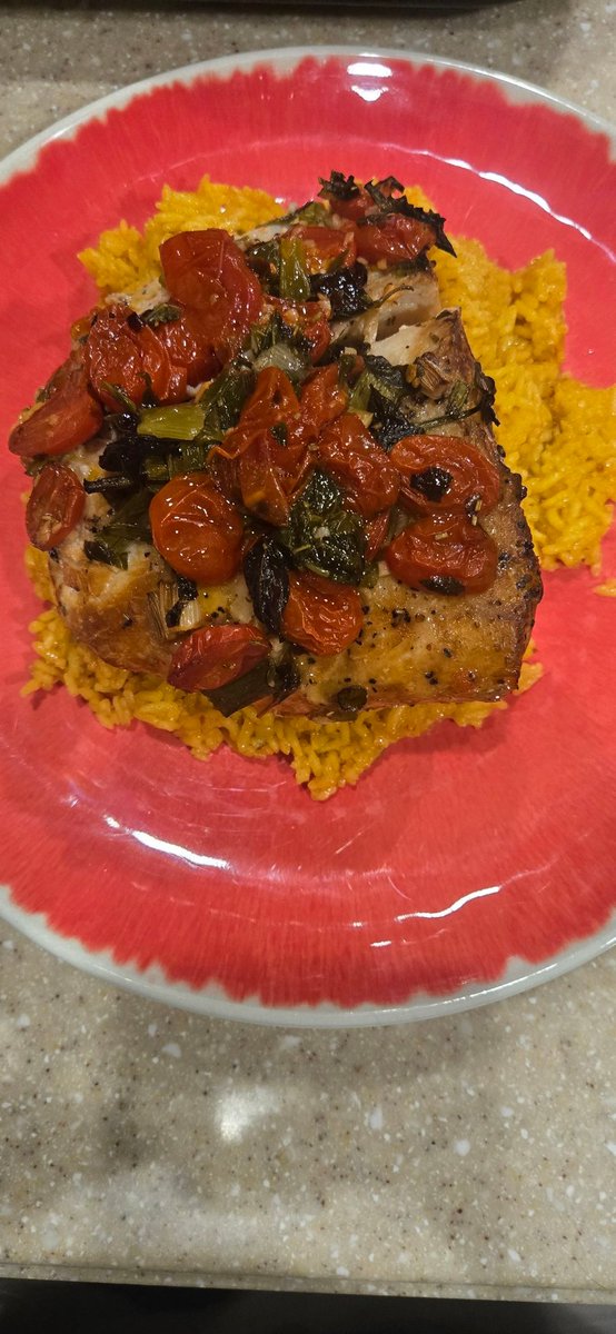 Seared Grouper with Tomato Basil Sauce on Yellow Rice. Campground cooking on the Gulf while watching CFP games.