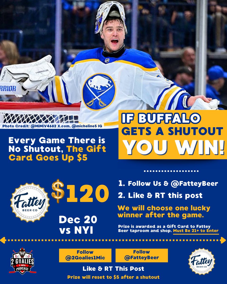 DuaneS39's tweet photo. 🚨SABRES GIVEAWAY🚨

If Alex Lyon completes the shutout tonight, YOU can win a $120 gift card to Fattey Beer!

1️⃣like/RT

2️⃣Follow @2Goalies1Mic &amp; @fatteybeer 

3️⃣If there’s a shutout, we pick a winner after the game!

4️⃣Gift card value goes ⬆️ $5 every game there is no shutout https://t.co/V3QFTJry1c