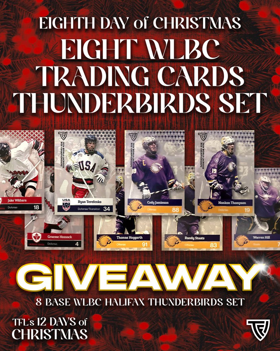 tfltradingcards's tweet photo. Eighth Day of TFL Christmas 🎄
⚡ EIGHT THUNDERBIRDS TAKE FLIGHT ⚡
We’re giving away a full 8-card WLBC Halifax Thunderbirds set.
One winner. One powerful flock. 🦅🔥

LIKE. SHARE. REPOST

@HFXThunderbirds #TFLChristmas #WorldBoxLacrosse https://t.co/5DhH3uGsRq