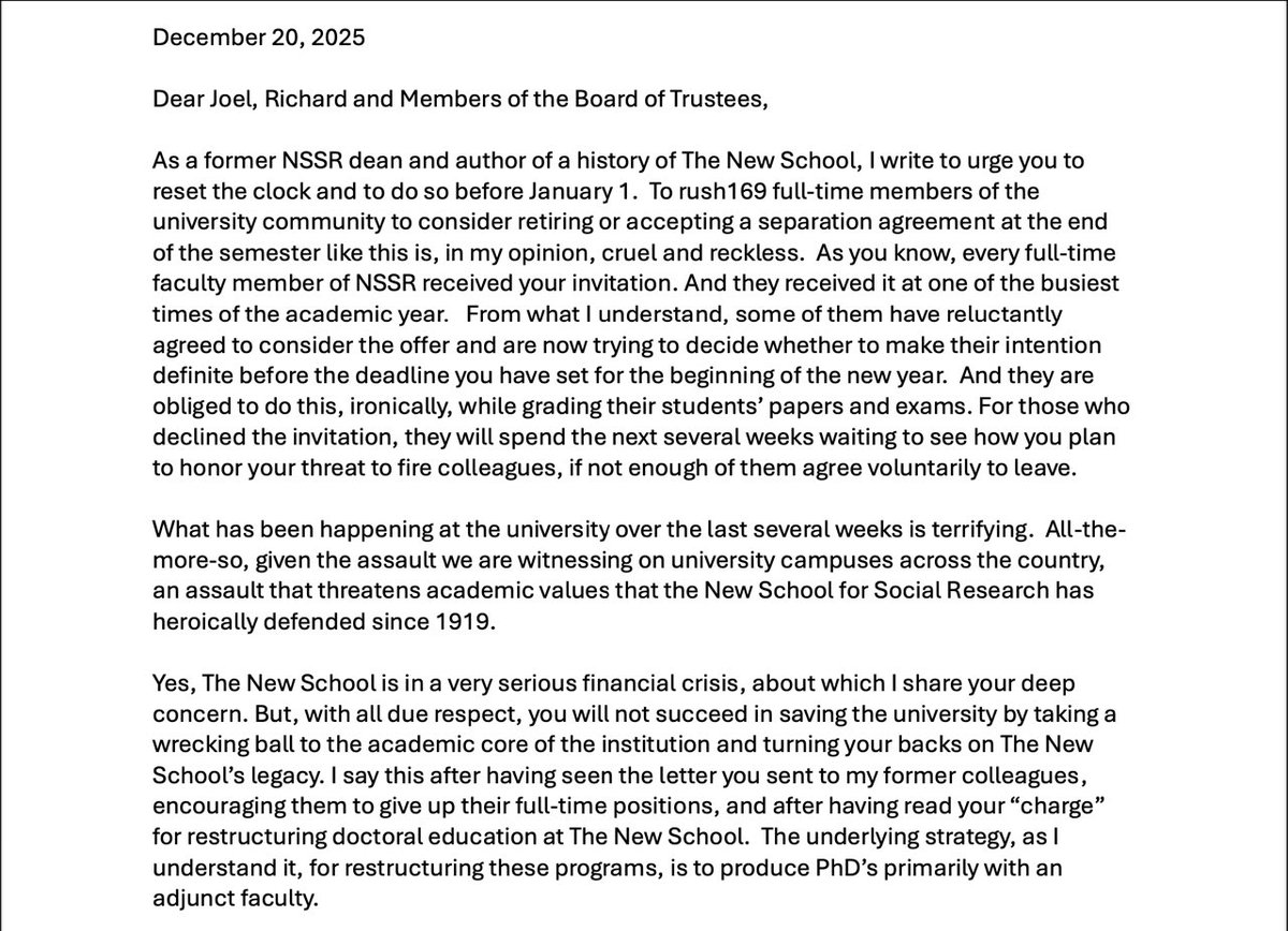 exiledfromexile's tweet image. Former NSSR Dean and historian of The New School, Judith Friedlander has written to Joel Towers and TNS trustees. She minces no words.

“The underlying strategy, as I
understand it, for restructuring these programs, is to produce PhD’s primarily with an adjunct faculty.”