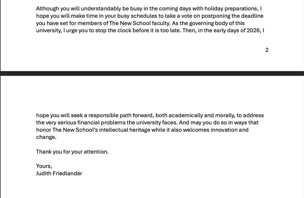 exiledfromexile's tweet image. Former NSSR Dean and historian of The New School, Judith Friedlander has written to Joel Towers and TNS trustees. She minces no words.

“The underlying strategy, as I
understand it, for restructuring these programs, is to produce PhD’s primarily with an adjunct faculty.”
