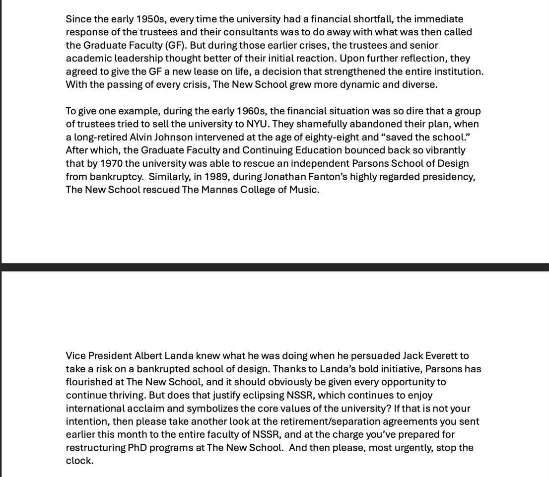exiledfromexile's tweet image. Former NSSR Dean and historian of The New School, Judith Friedlander has written to Joel Towers and TNS trustees. She minces no words.

“The underlying strategy, as I
understand it, for restructuring these programs, is to produce PhD’s primarily with an adjunct faculty.”