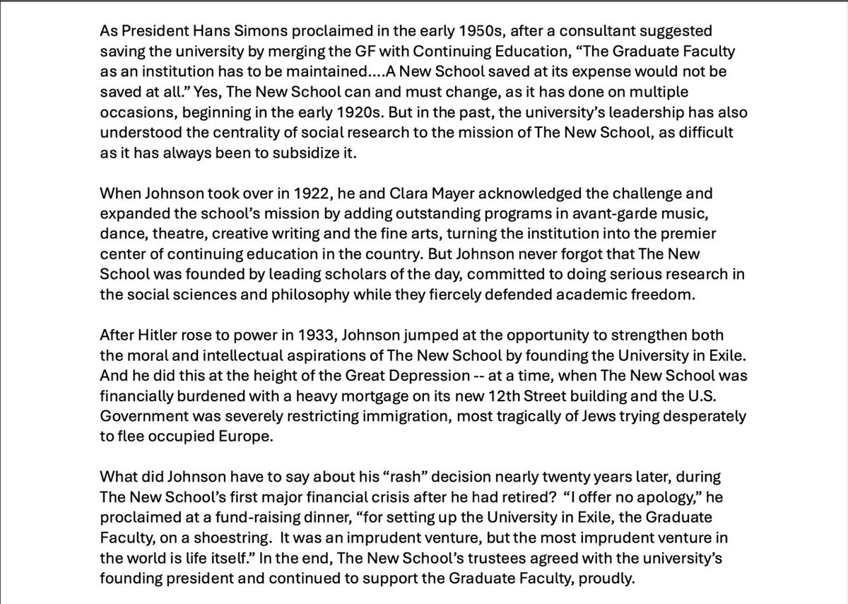 exiledfromexile's tweet image. Former NSSR Dean and historian of The New School, Judith Friedlander has written to Joel Towers and TNS trustees. She minces no words.

“The underlying strategy, as I
understand it, for restructuring these programs, is to produce PhD’s primarily with an adjunct faculty.”
