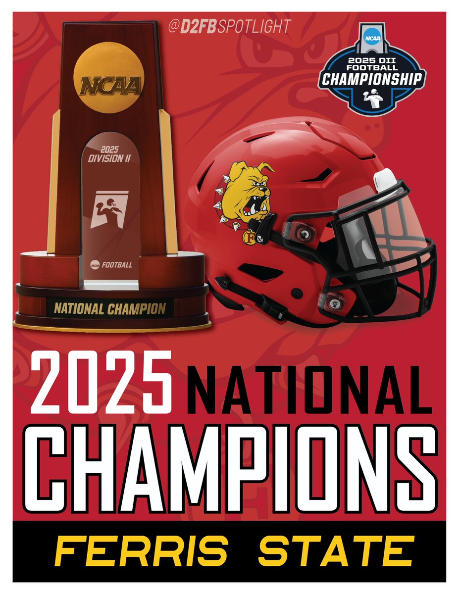 d2fbspotlight's tweet image. The Ferris State Bulldogs are the 2025 NCAA Division II national champions, earning their fourth championship in the last five seasons.

#D2FB