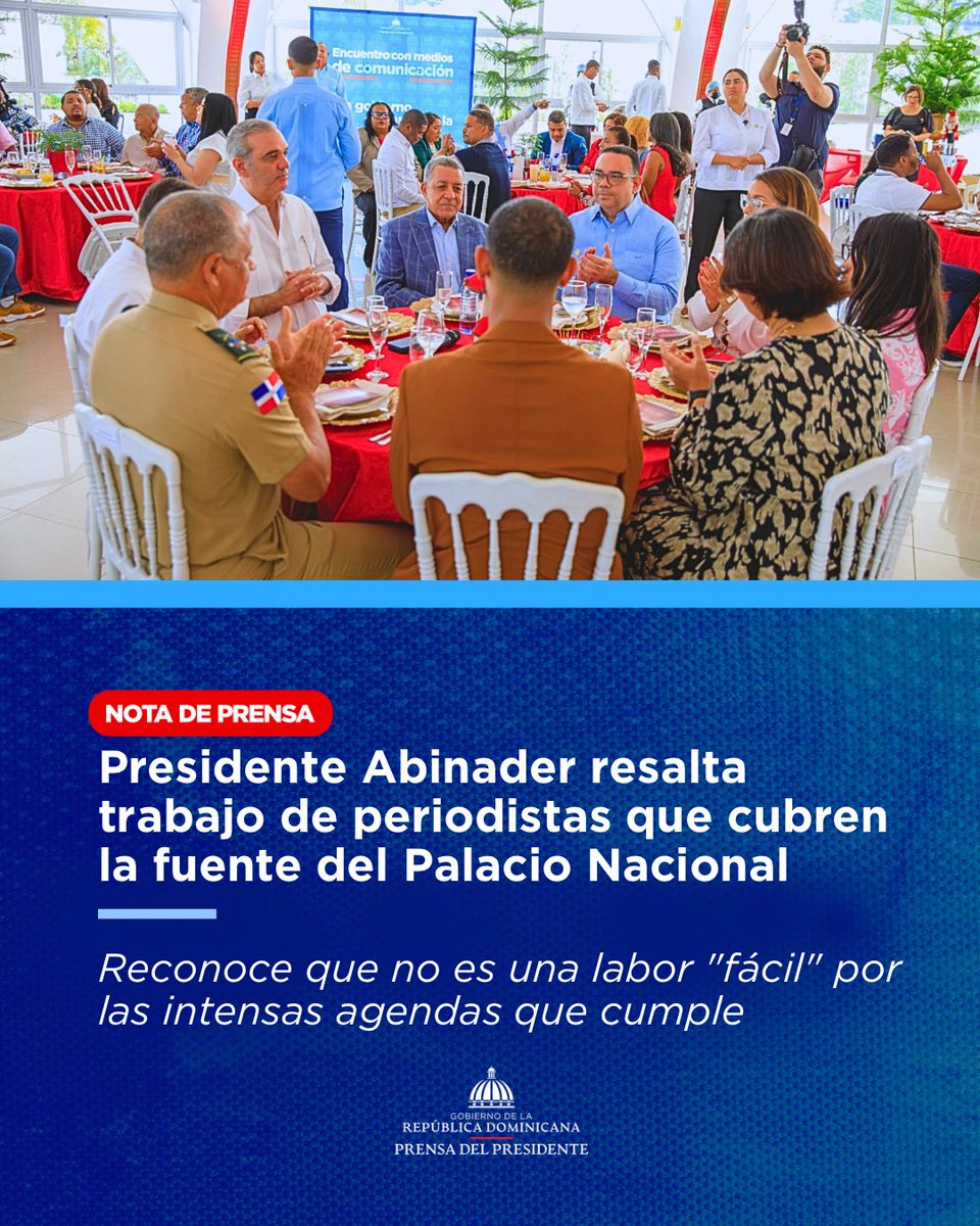 El presidente <a href="/LuisAbinader/">Luis Abinader</a> compartió un almuerzo con periodistas, camarógrafos y fotógrafos que cubren la fuente de Palacio Nacional, donde reconoció el trabajo intenso que realizan a diario.

🔗 Amplía en prensadelpresidente.gob.do