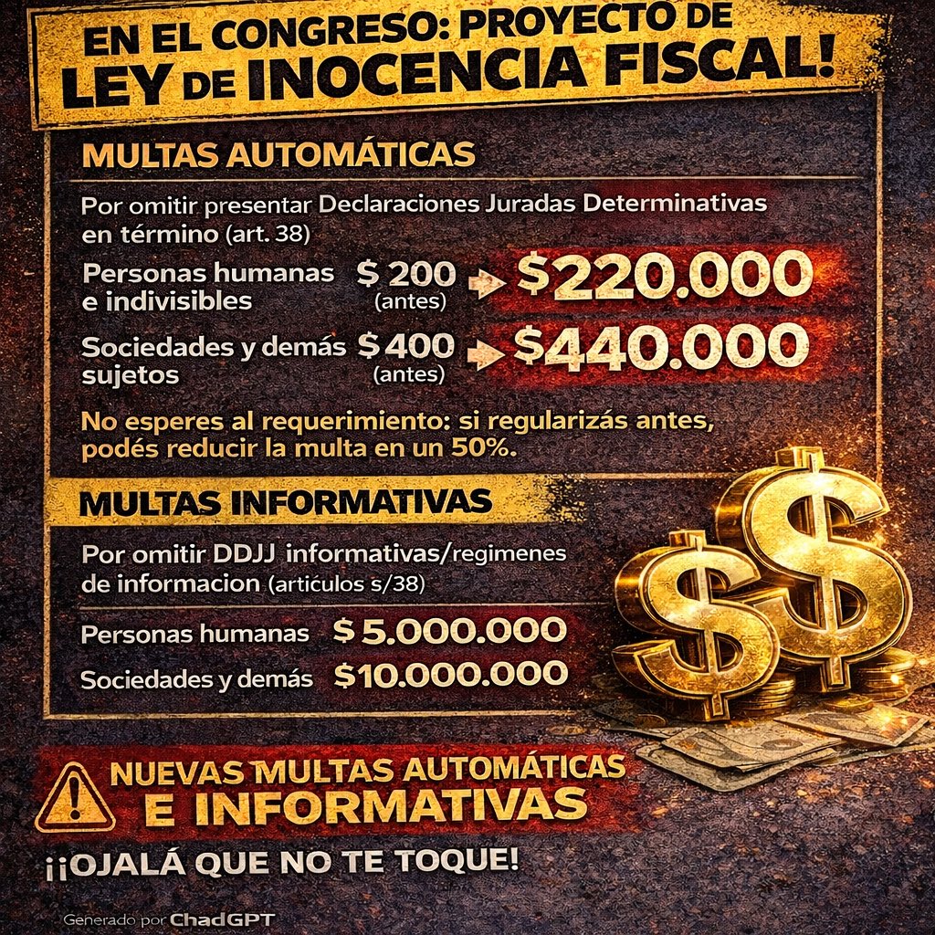 Sos contribuyente? 

Sabes que 
🔴al mes tenes que presentar entre 5 y 9 DDJJ ? Que algunas son informátivas?

☑️ Que hay un proyecto de ley que:

🔴 aumenta las multas automáticas y que no contempla la condonación en caso de cumplir con la falta

🔴 que como son multas