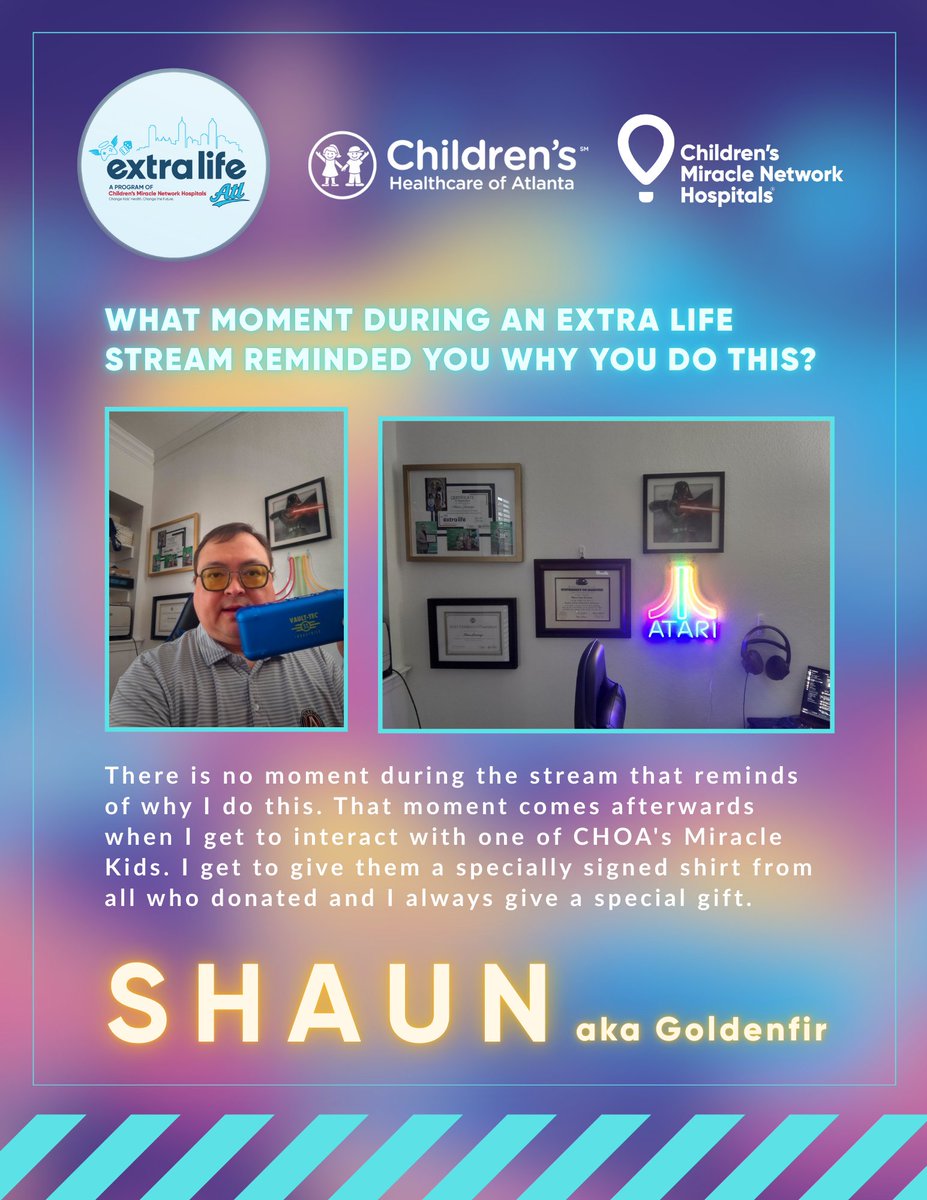ExtraLifeAtl's tweet image. We are finishing off our Stream Team features with Shaun aka Goldenfir! Shaun has been on our Stream Team since our launch in August. Join him every Sunday bright &amp;amp; early from 6-8AM!

#ExtraLife #ExtraLifeAtl #CHOA #CMN #streamingforgood #atlanta #fundraising #stream #Twitch