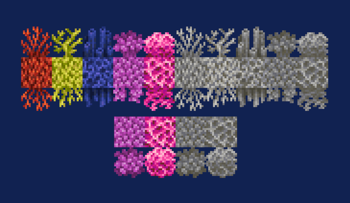RedPierre01's tweet photo. Coral textures. Now I need to redesign the kelp and sea pickle, and the ocean will be entirely redesigned!
It'll be cool to make these emissive for vanilla, so I'll experiment with that in this update as well.

#minecraft #resourcepack #pixelart https://t.co/U1kFERDfvn