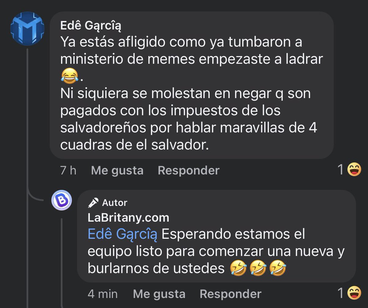 _fermarti's tweet photo. YAZCKLIN FINALMENTE CONFIRMA PÚBLICAMENTE LA RED DE PÁGINAS PANFLETO DEL GOBIERNO

Hace unos días, la comunidad de Facebook logró un hito importante: tumbar una de las mayores páginas de propaganda del gobierno, conocida como la infame “Ministerio de Memes”.

Esto impulsó a muchos usuarios a continuar denunciando y reportando otras páginas dedicadas a difundir propaganda pro-gobierno y contenido de odio y división entre salvadoreños, disfrazado torpemente de “memes”.

Ante esto, el empleado del gobierno Yazcklin, conocido por ser el administrador detrás de la página LaBritany, no aguantó el ardor y salió a publicar esto, admitiendo públicamente que ya “están” creando nuevas páginas.

“Esperando estamos, el equipo listo para comenzar una nueva y burlarnos de ustedes”.

Estas fueron las palabras exactas de Yazcklin, hablando públicamente en plural, haciendo referencia directa al conocido troll center del gobierno, una red compuesta por docenas de páginas en Facebook, X, Instagram y TikTok, cuyo único objetivo es funcionar como una maquinaria activa de propaganda, operando en masa y de manera coordinada.

Para rematar, el bocón de Yazcklin también le respondió a otro usuario con la frase:
“Ojalá pronto les caiga el régimen”,
admitiendo públicamente cómo el régimen de excepción en El Salvador ya no se utiliza contra las pandillas, sino como una herramienta política y de control social para callar a críticos y disidentes del gobierno.

Gracias por esta metida de pata, Yazcklin.
Aunque borres esta publicación, ya es muy tarde: tenemos capturas y videos.

Esto va directo para el canal de YouTube que se está creando, cuyo objetivo será dejar evidencia de todas y cada una de las arbitrariedades de este gobierno, todos los casos de corrupción, todas las cosas "misteriosas" una por una, narradas en formato documental y difundidas masivamente para que el mundo conozca la verdadera cara de El Salvador.

Tu metida de pata de hoy deja una evidencia clara, escrita y pública de cómo el gobierno utiliza su famosa red de troll center, financiada con los impuestos de los salvadoreños, lo cual (sea dicho de paso) constituye un delito.