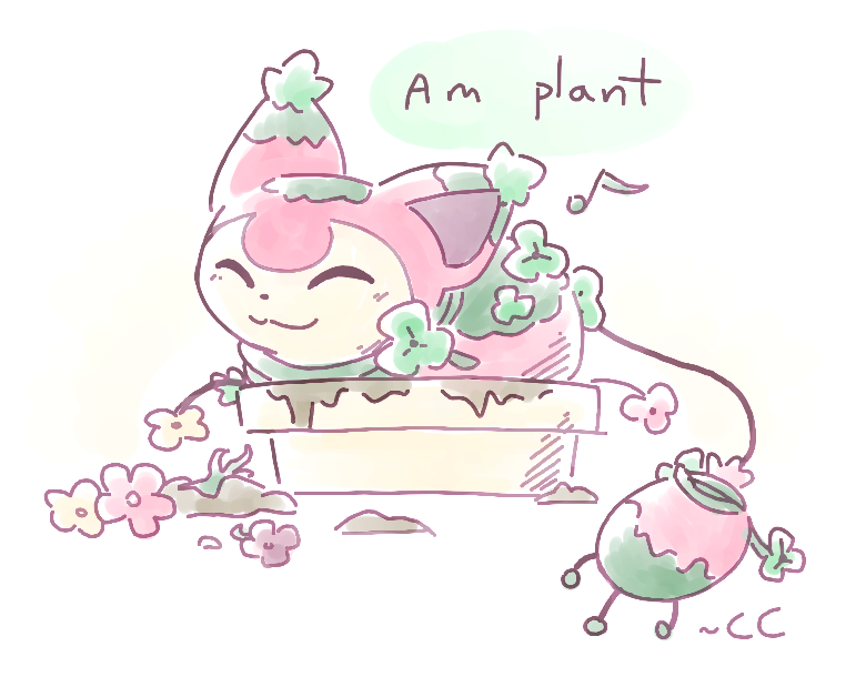 Colored a doodle of Chamomile, my Skitty OC, because it was just too cute not to. She fully believes she's a grass type, so that flower bed 100% belongs to her.
#art #pokemon #skitty