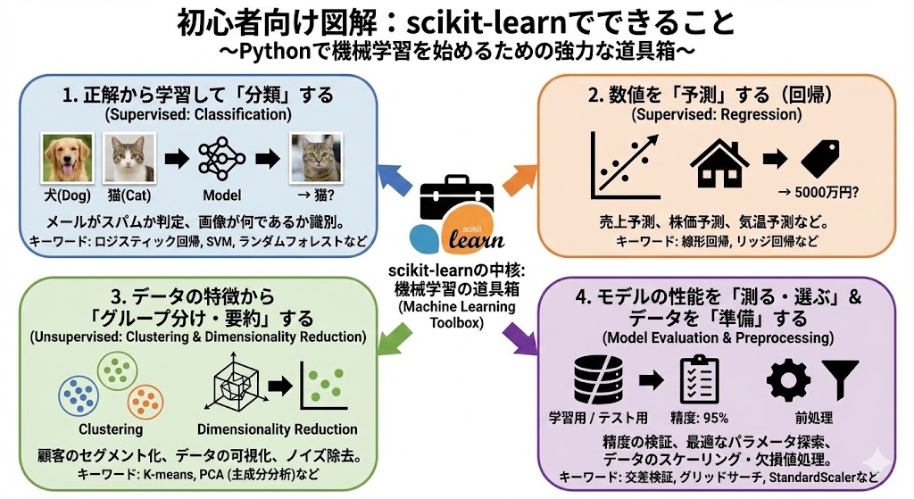 50python2024's tweet image. Pythonで機械学習を始めるなら、まずはこの「道具箱」から！🧰

定番ライブラリ「scikit-learn」でできることを1枚の図解で分かりやすくまとめました。

✅ 画像を「分類」する（犬か猫か判定など） 
✅ 数値を「予測」する（売上や株価など） 
✅ データを「グループ分け」する（顧客分析など） 
✅…