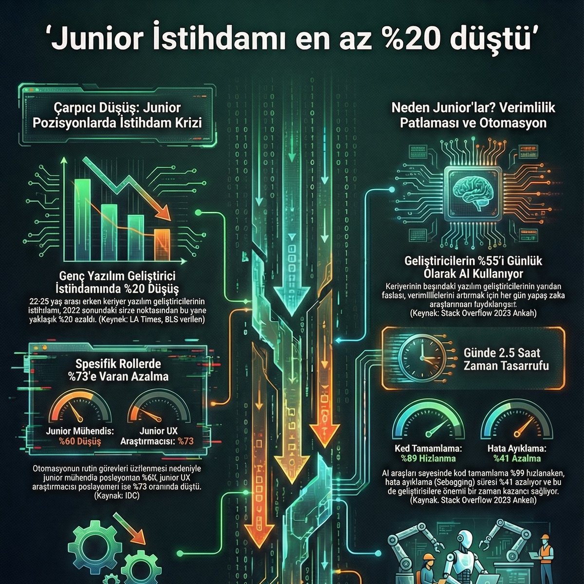 7farukcan's tweet image. Yapay zeka, junior teknik rollerde istihdamı hızla azaltıyor. Çeşitli raporlara göre erken kariyer teknik işlerde %13–20 düşüş var. Junior mühendis ve UX rollerindeki azalma %60–73’e ulaştı. 
Kaynak: a16z, Stanford Digital Economy Lab