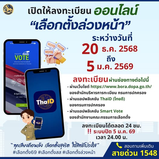 prd_official's tweet photo. 🗳️ กกต. เปิดลงทะเบียน เลือกตั้งล่วงหน้า
📆 20 ธ.ค.68 – 5 ม.ค.69
🗓️ เลือกตั้งล่วงหน้า 1 ก.พ.69
💻 ลงทะเบียนออนไลน์
🔹 https://t.co/0FA4qBVOkh
🔹 แอป ThaID / Smart Vote
⏰ 24 ชม. ‼️ ปิดระบบ 5 ม.ค.69 เวลา 24.00 น.

#เลือกตั้งล่วงหน้า #กกต #SmartVote #ThaID #ใช้สิทธิเลือกตั้ง 🇹🇭 https://t.co/138OWsNlu0