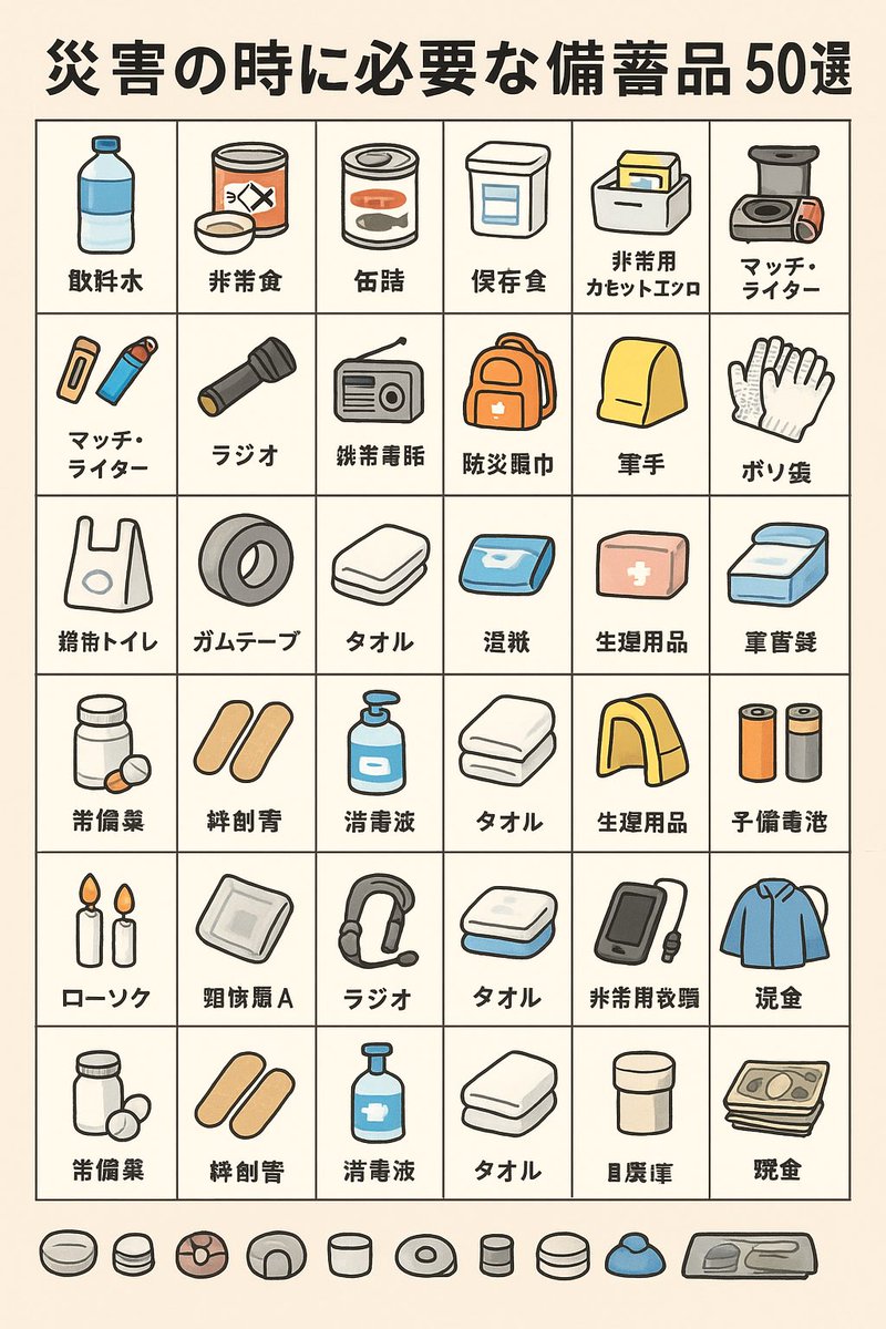 karage1242568's tweet image. 災害の時に、必要になるものをChatgptに作ってもらいました。

これから、首都直下型地震や、南海トラフ巨大地震、日本海溝巨大地震、千島海溝巨大地震、日本海溝・千島海溝超巨大地震、宮城県沖地震などが控えている中、必要不可欠なものばかりだと考えています。

これをみて、準備して頂きたいです