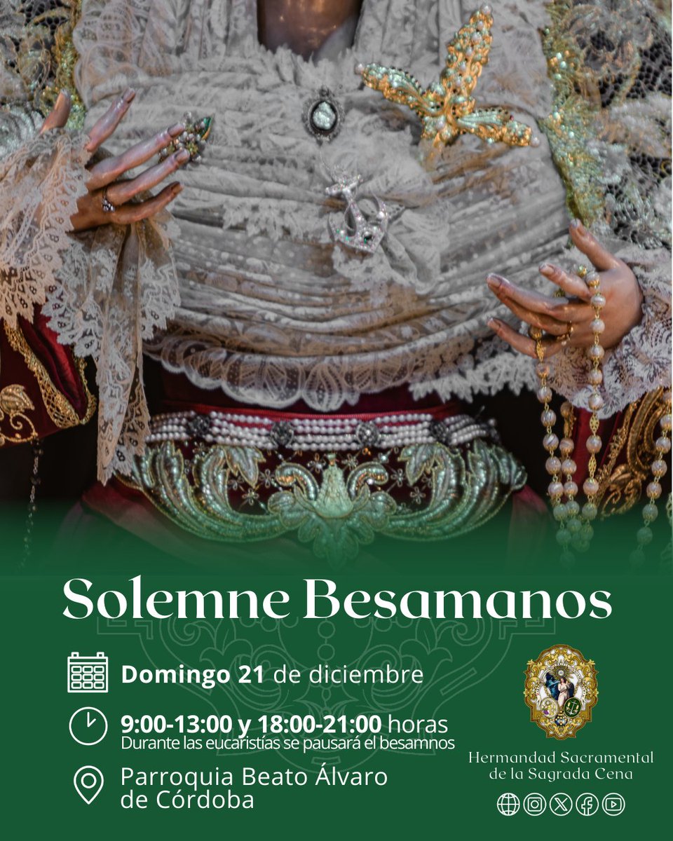 SOLEMNES CULTOS || Solemne Besamanos en honor a María Santísima de la Esperanza del Valle

🗓️ Domingo 21 de noviembre.
🕗 9:00-13:00 h y 18:00-21:00 horas
📍 Parroquia Beato Álvaro de Córdoba
Durante las celebraciones de la eucaristía de la parroquia, el besamanos quedará pausado