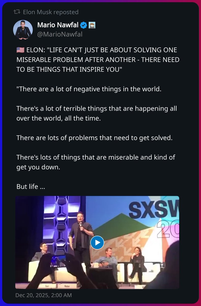 Elon Musk reposted a post from Mario Nawfal https://t.co/XblCxzQTjF