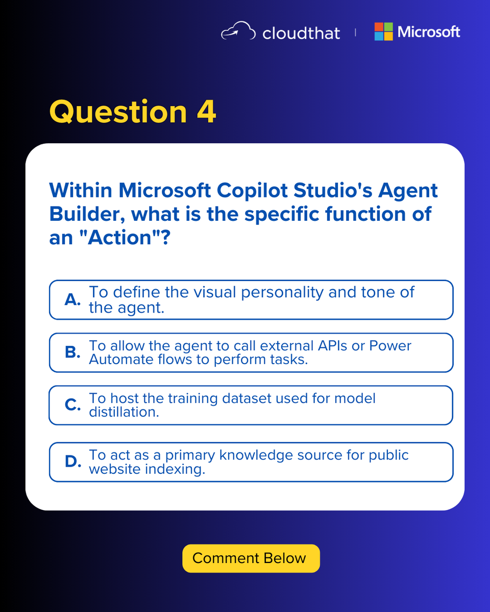 Question 4 is live! If you’re working with Copilot Studio or planning to build agents, this one’s for you. Do you know what an Action really does? Drop your answer in the comments and stay in the game.

Here’s how to participate:
· Join the session - bit.ly/3Y6rF5T
·