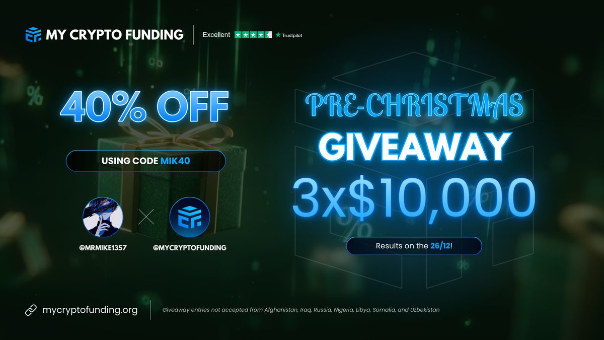 3 x 10k giveaway with <a href="/MyCryptoFunding/">My Crypto Funding</a> 

Use code - MIK40 for 40% off 

- follow <a href="/MyCryptoFunding/">My Crypto Funding</a> and <a href="/mrmike1357/">MIKK</a> 
- like , rt and tag 3 friends