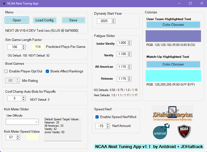 In addition to NCAA NEXT 26 and NCAA DB Editor, we have released a new NEXT Companion App for tuning our #ncaanext mod to your liking! V1.0 is released and this is a preview of v1.1 that will be released alongside v16.4 soon!