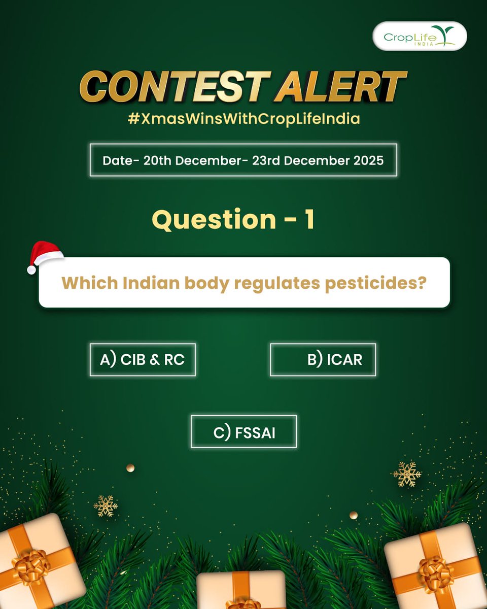 It’s time to jingle, engage &amp; WIN! 💫

The festive bells are ringing, and we’re excited to roll out #Question1 of the #XmasWinsWithCropLifeIndia Contest 🎁

Rules of the contest-
1. Follow CropLife India on all social media platforms. (Twitter, Instagram, Facebook and Youtube)
