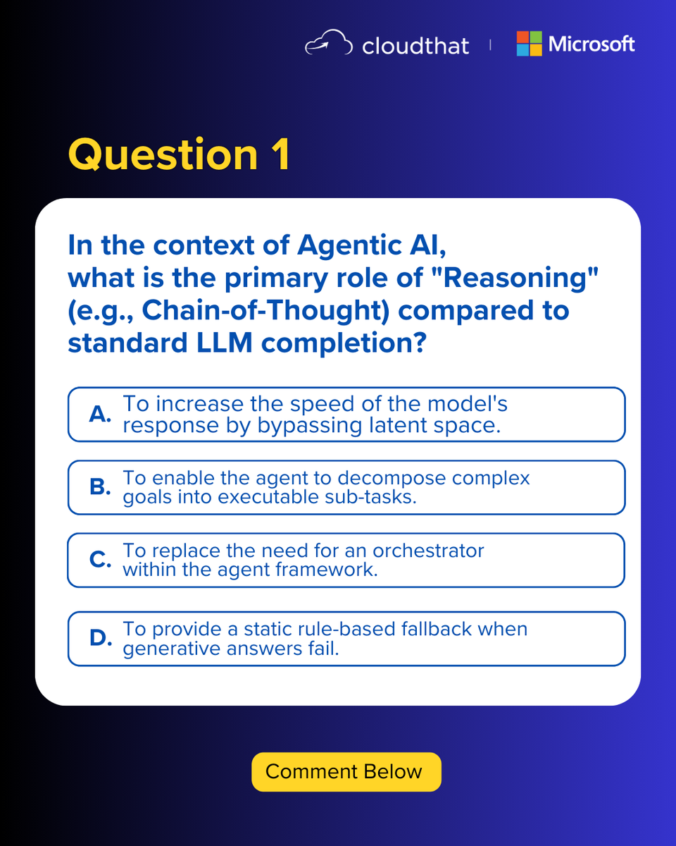 cloudthat's tweet photo. Quiz Time! Question 1 is live.
Think you understand Agentic AI? Test your knowledge and see how well you really know what happens behind the scenes. Drop your answer in the comments

Here’s how to participate:
· Join the session - https://t.co/B29DMaXnbt
· Follow our page
· Participate in the quiz and win rewards

Stay tuned for Question 2!
@Microsoft 

#Microsoft #MicrosoftCopilot #Masterclass #AIAgent #Skills #JobSearch #FreeMasterclass #Tech #TechTraining #resumes