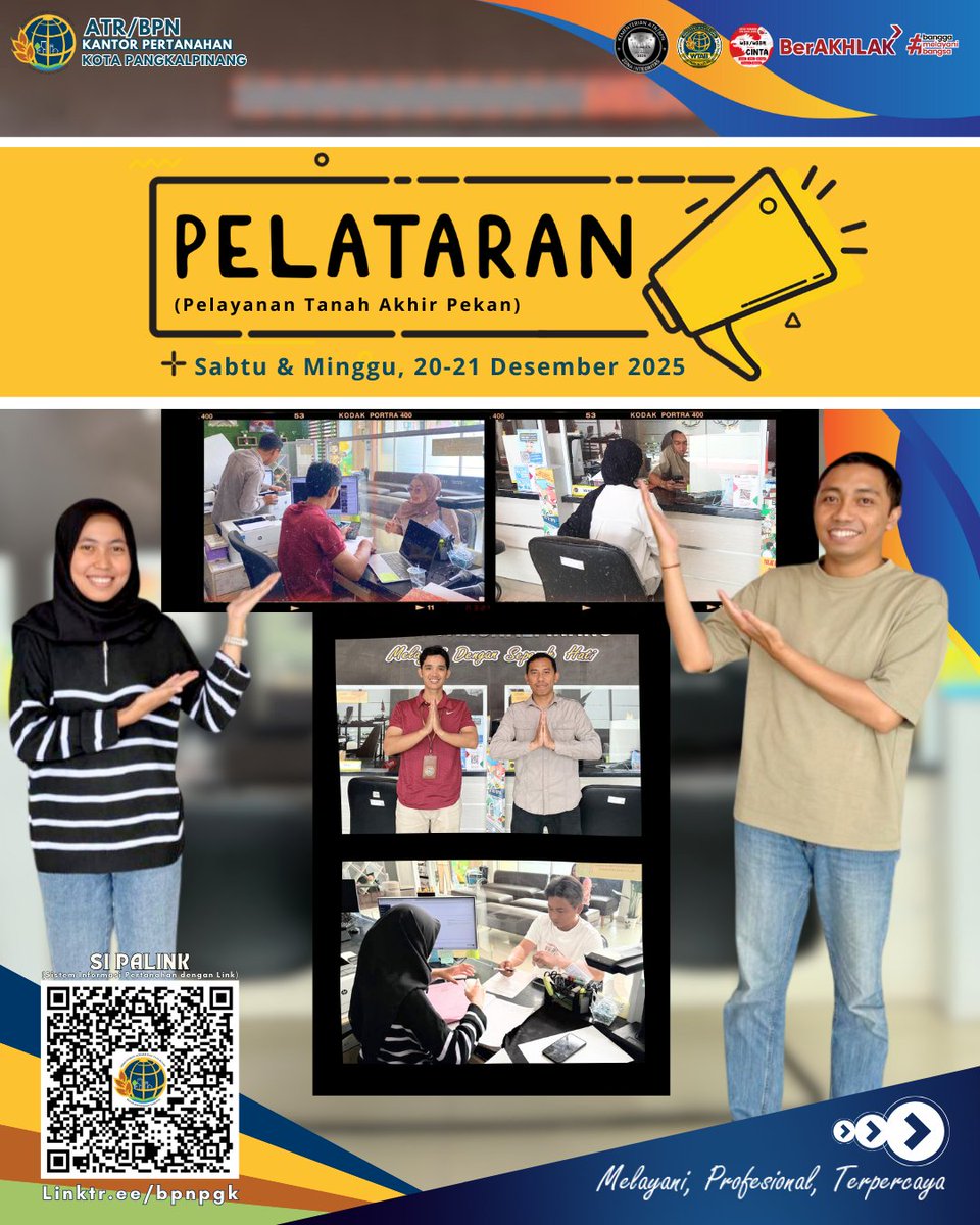 Kantahkotapkp's tweet photo. Halo #SobATRBPN Kota Pangkalpinang,

Berikut dokumentasi pelaksanaan Program Pelayanan Tanah Akhir Pekan (Pelataran) Kantor Pertanahan Kota Pangkalpinang pada Sabtu dan Minggu, 20-21 Desember 2025.

#PelataranBPN
#PertanahanSabtuMinggu
#Pelataran
#WeekendService https://t.co/7XyEEO89wR
