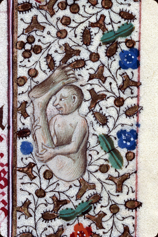 "Sciapod [middle ages-era mythological one-legged race] protecting himself from the sun by the shade of his foot. In margin of 'Heures à l'usage des Antonins', 15th century."