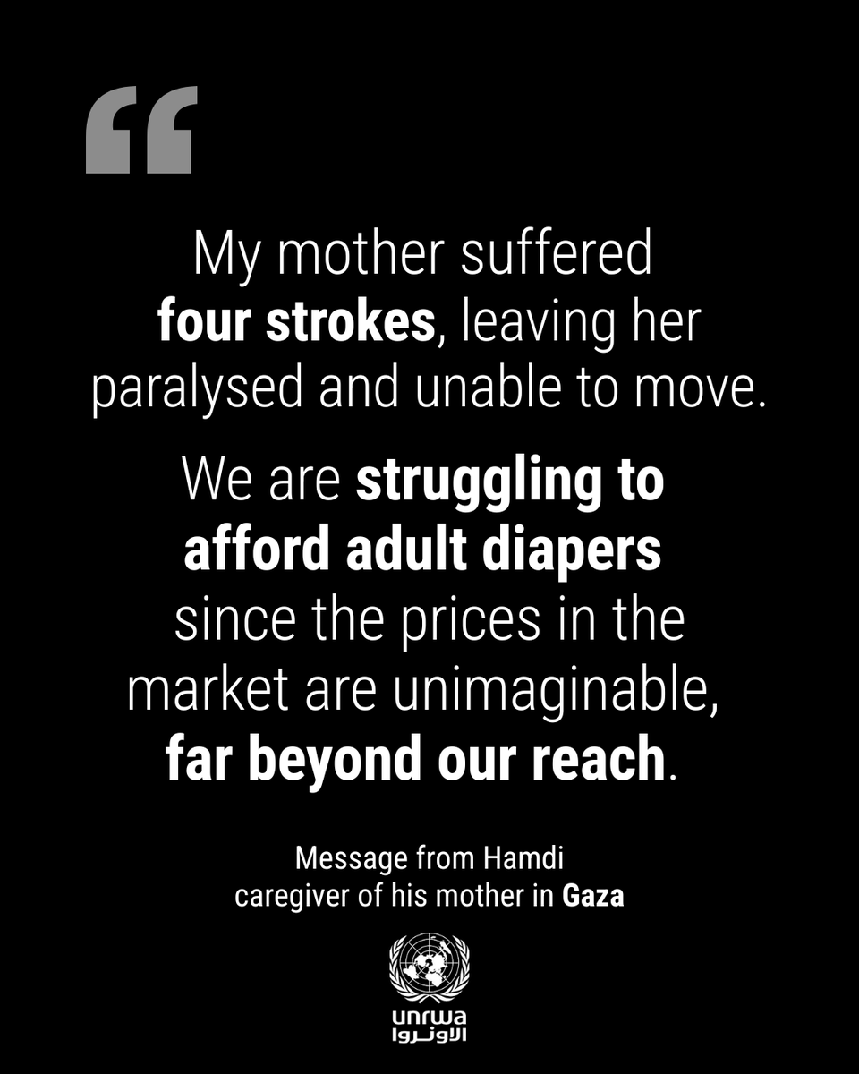In #Gaza, the elderly and people with disabilities are exposed to disproportionate risk, due to forced displacement and the collapse of the healthcare system.

Crucial supplies like adult diapers are critically depleted, severely compromising hygiene and dignity. Chronic