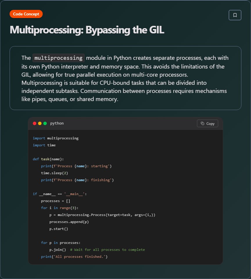 techielearns's tweet image. ✨ Multiprocessing: Bypassing the GIL (Python)

#Python #PythonDev #DataScience #WebDev #100DaysOfCode #DevLife