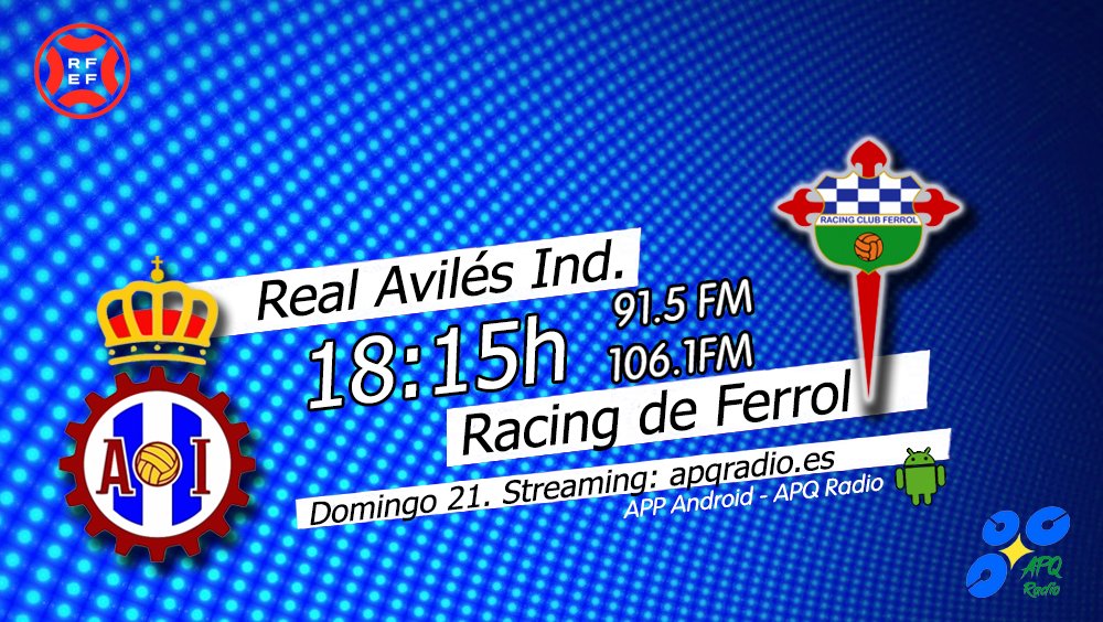 🔴HOY, EN LA BANQUETA DEPORTIVA🔴
🕕 18:15h (Previa desde las 18h)
🏟️ Román Suárez Puerta
⚽️ <a href="/RealAvilesInd/">Real Avilés Industrial</a> 🆚 <a href="/racingferrolsad/">Racing Club Ferrol</a>    
🎙️ <a href="/CESARLEOGARCIA/">CESAR CONSTANTINO</a> | José Luis Rodríguez lozano 
📻 91.5 - 106.1FM Asturias
🖥️ apqradio.es
📱 bit.ly/3oFv0HI