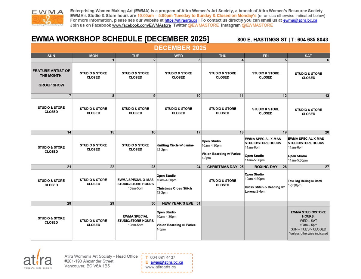 The December Schedule here. We hope to see you in-studio for some art making, or shopping in the EWMA store. We wish you a festive holiday season. 
#FreeWorkshop #womeninart #womensupportingwomen #skillshare #selftaughtartist #socialenterprise #shoplocal #supportartists