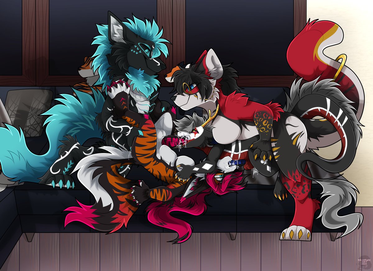 Psychofuchs's tweet photo. Kira some group fun with @SpicySnowey  @LoveJuiceVRC   @VexAD_  
art by @DuskProto  
(Moonlightart on Discord) fixed beans accidentally posted old version before >.< https://t.co/2zQEUoFouy