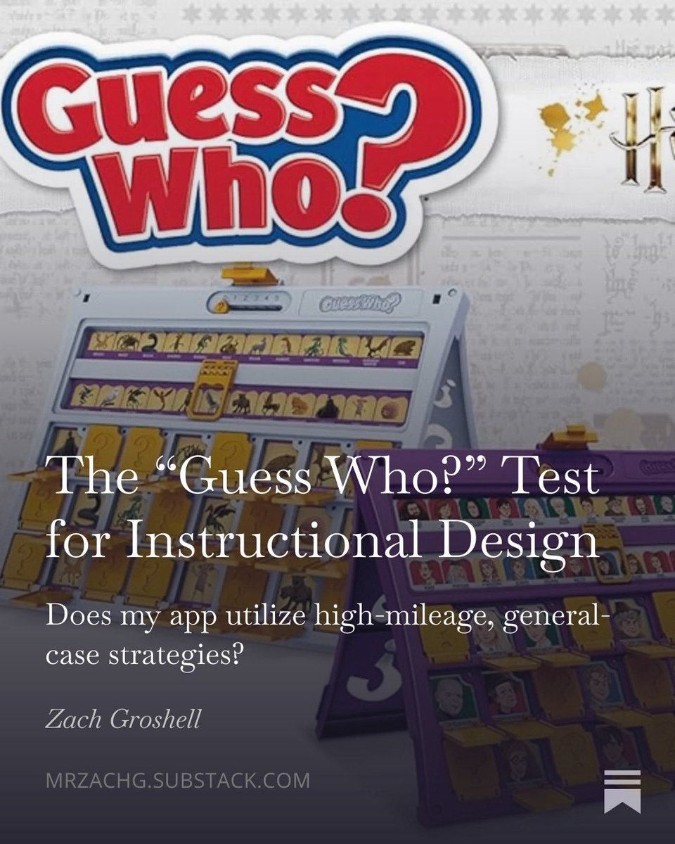 MrZachG's tweet image. New Substack post about a key tenet of instructional design that is often ignored by curriculum program and app developers

The “Guess Who?” Test for Instructional Design” 👇 👇 👇