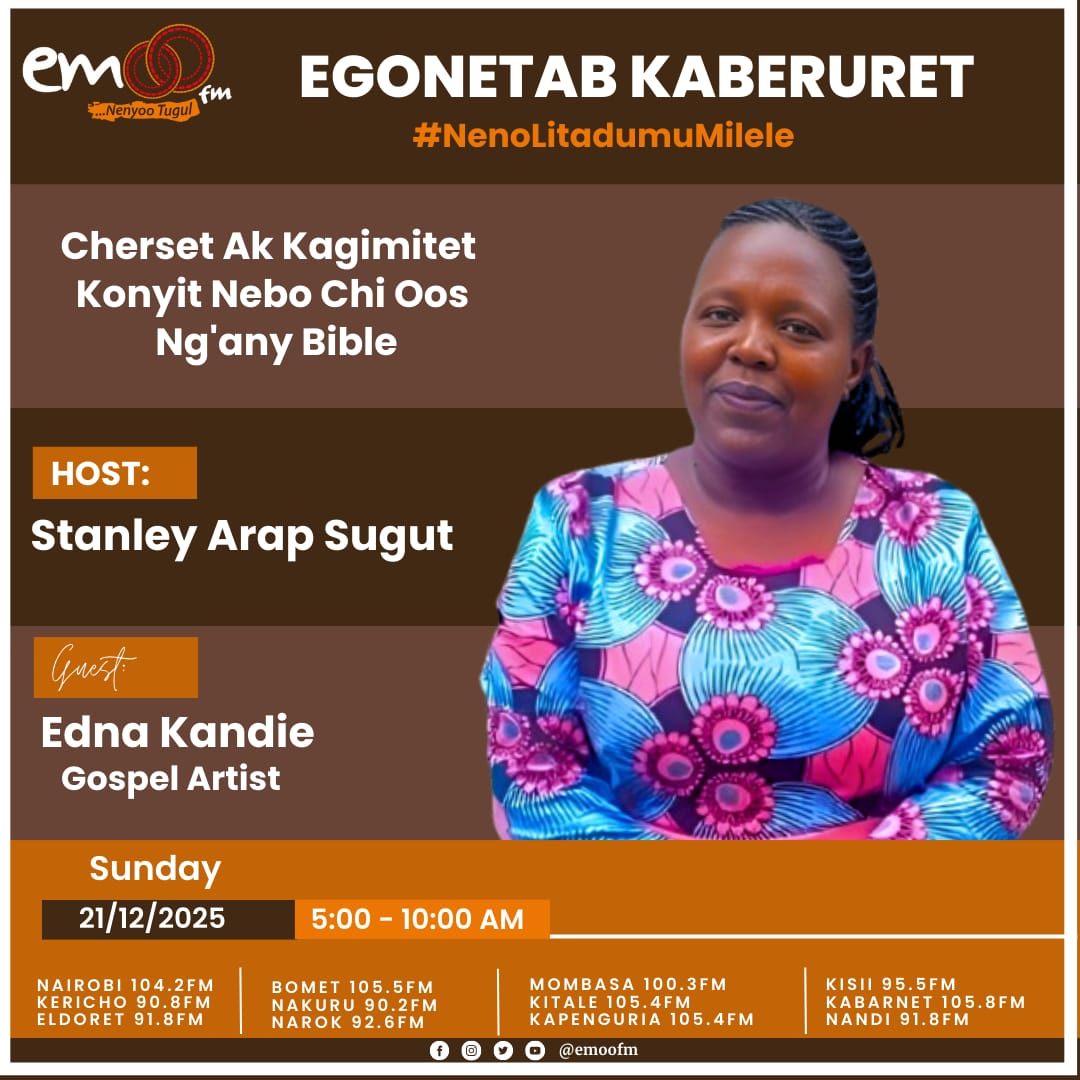 #EGONETABKABERURET is an inspirational and motivational Gospel Show at <a href="/emoofmkenya/">EmooFm</a> hosted by <a href="/StanleySugut/">Stanley Sugut</a> 5am -10am. Today's Gospel Artist is Edna Kandie from Nakuru County. Karibuni Tubarikiwe Pamoja.
#EgonetabKaberuret 
#NenoLitadumuMilele