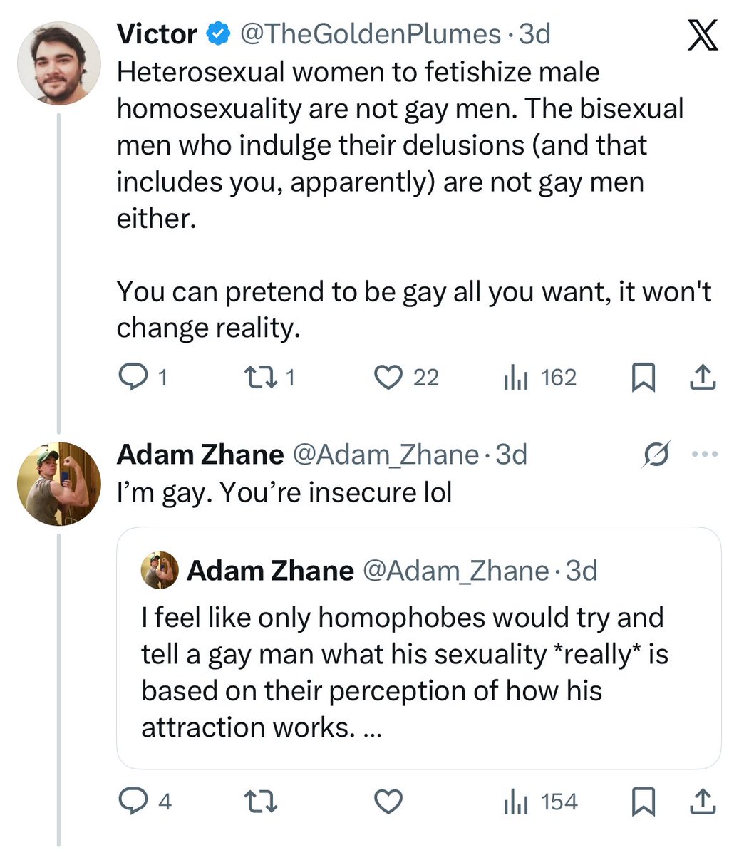 Adam_Zhane's tweet image. Hey so transphobes tell a lot of gay people they’re “actually bi” when they express attraction to trans people. 

I’m attracted to trans men. 

Objectively, I’m a gay man. All men are hot. 

Transphobic people tell me otherwise. Those are *your* groupies.