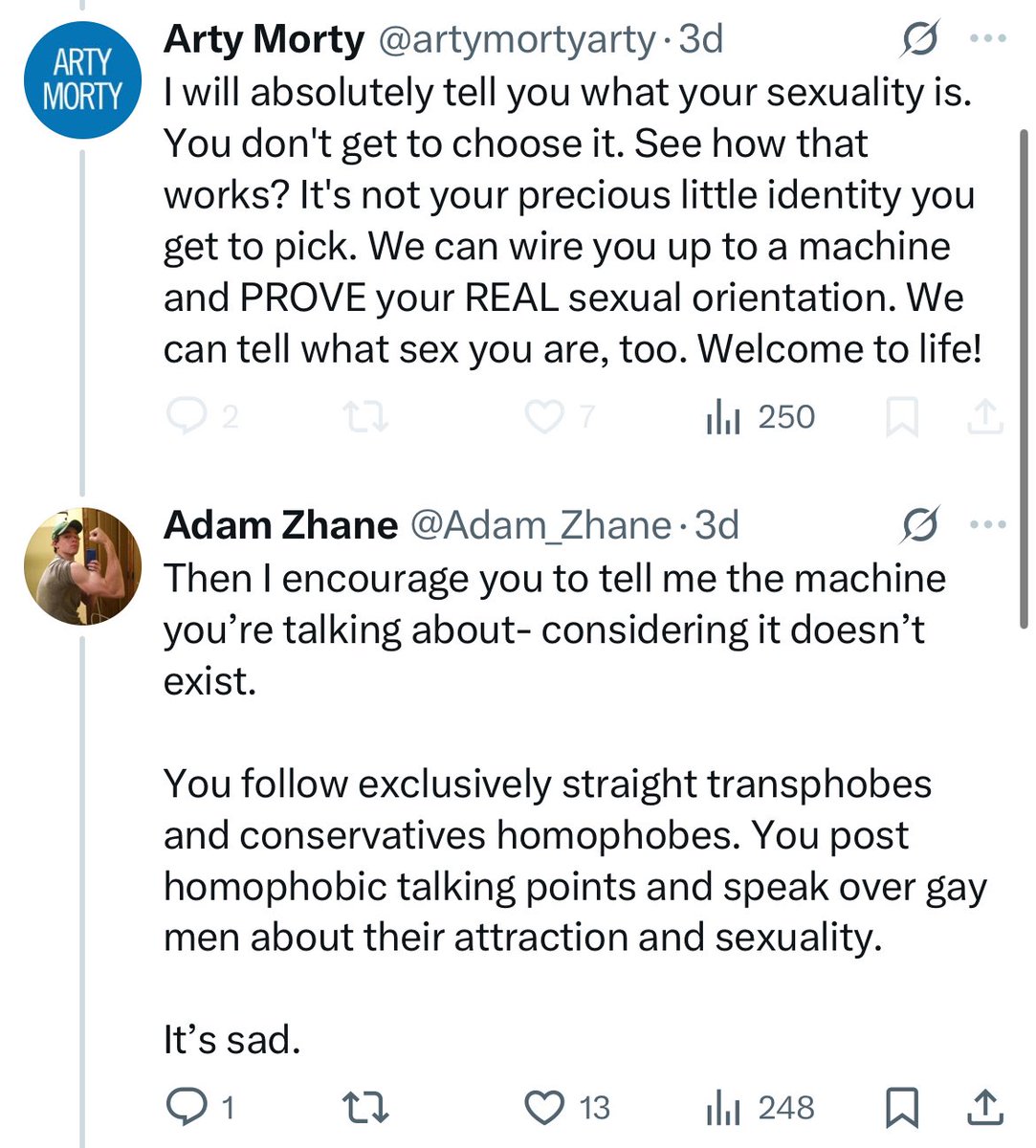 Adam_Zhane's tweet image. Hey so transphobes tell a lot of gay people they’re “actually bi” when they express attraction to trans people. 

I’m attracted to trans men. 

Objectively, I’m a gay man. All men are hot. 

Transphobic people tell me otherwise. Those are *your* groupies.