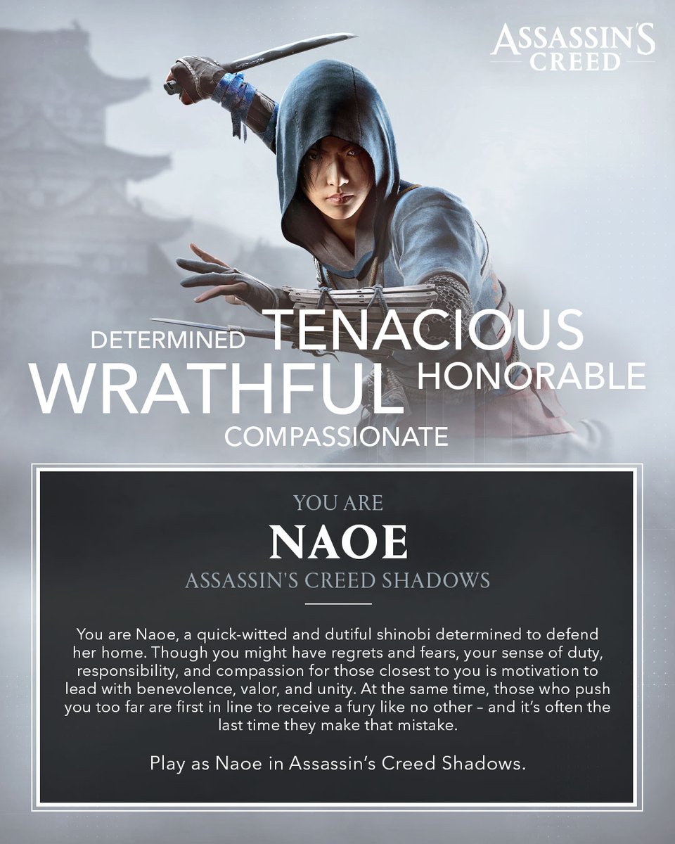 ArizenjiTSF's tweet photo. I Got Naoe from AC Shadows not gonna lie one of my favorite time periods just wish I had the game to experience that hopefully in the future I can!! #ACQuiz https://t.co/QkrMygpyBC